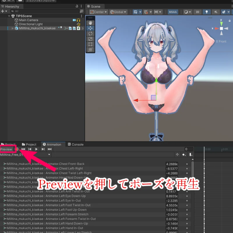 AnimationタブのPreviewを押してポーズを再生確認するUnity画面